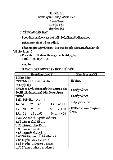 Kế hoạch bài dạy Toán 1+2 - Tuần 23: Luyện tập (NH 2024-2025)(GV: Phạm Thị Kim Anh)