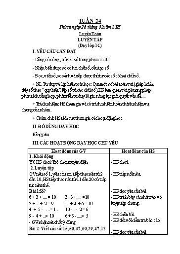 Kế hoạch bài dạy Toán 1+2 - Tuần 24: Luyện tập (NH 2024-2025)(GV: Phạm Thị Kim Anh)