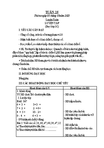 Kế hoạch bài dạy Toán 1+2 - Tuần 25: Luyện tập (NH 2024-2025)(GV: Phạm Thị Kim Anh)